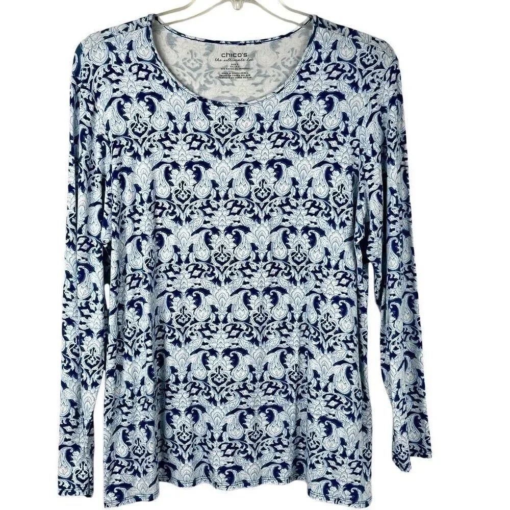 Chico’s The Ultimate Tee Blue Long Sleeve Paisley Top 3 XL 16